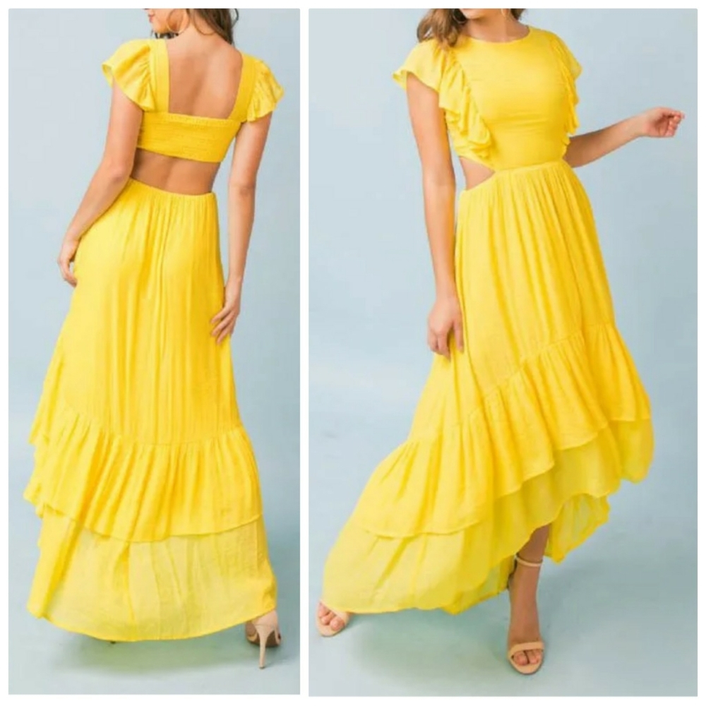 Flying Tomato Yellow Solid Color Long Dress.